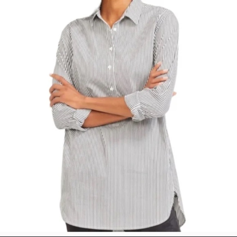 J. McLaughlin Arissa Pinstripe Tunic Shirt Size M White Grey Popover Hi-lo Top